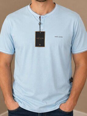 NWT Marc Asher Mercerized Cotton Stretch Henley T-Shirt Light Blue XL